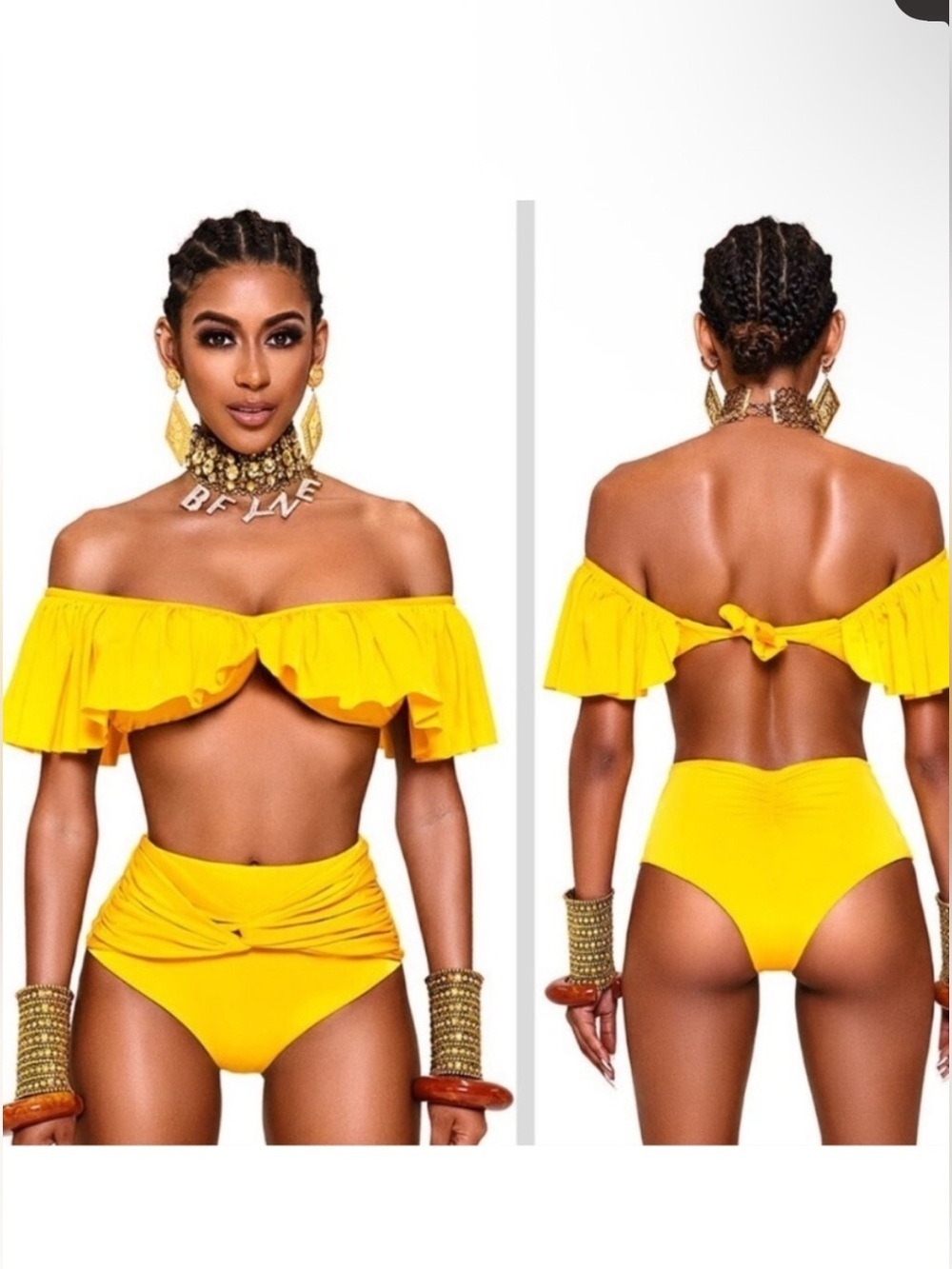 New! Bfyne Joji Yellow Twisted Front Ruched Back Bikini Bottom 9081